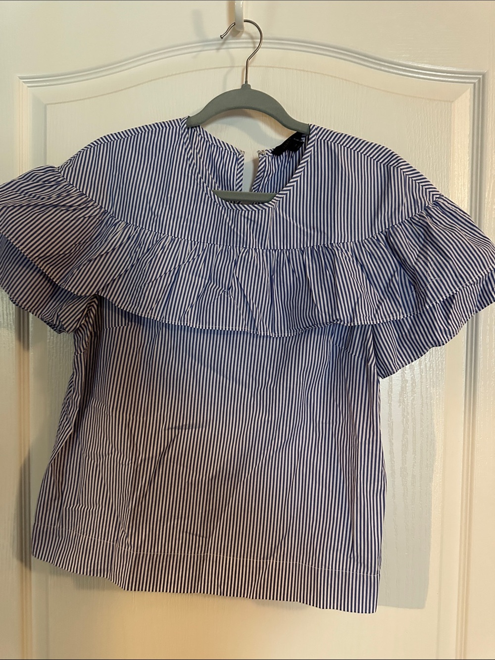 JCrew Blue and White Striped Ruffle Blouse